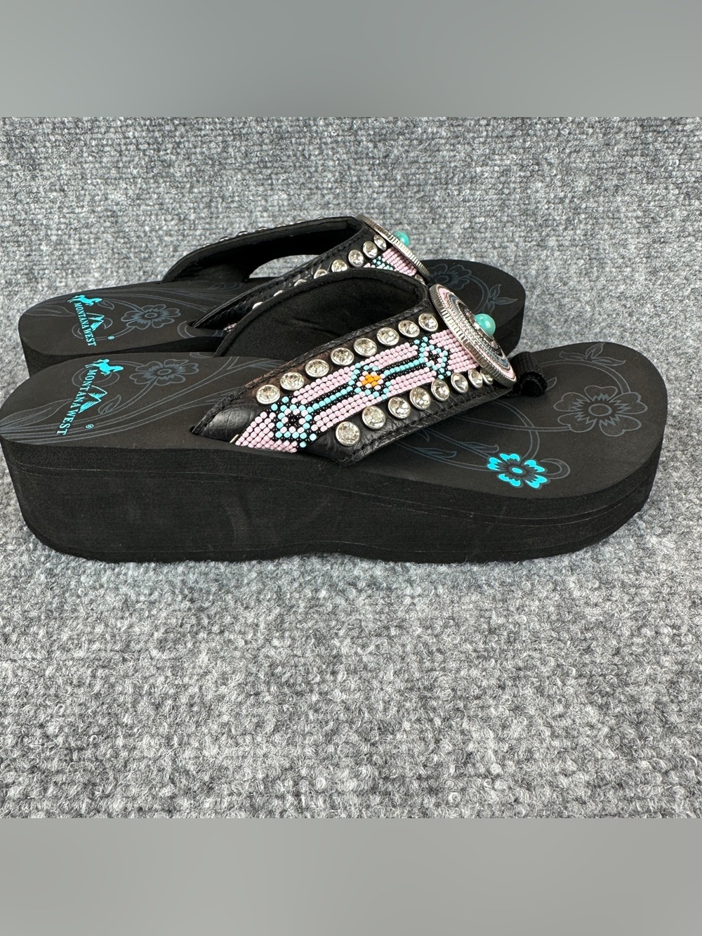 Montana West Beaded Western Wedge Flip Flops Women's Size 7 Black Turquoise - Picture 2 of 16